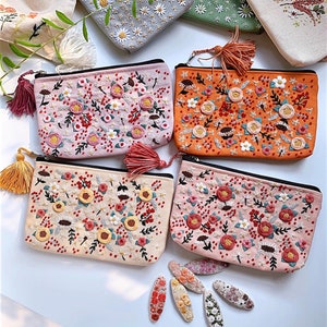 Hand Embroidered FLORAL Cosmetic Bag, Makeup Bag, Toiletry Bag, Clutch, Linen makeup bag, embroidered coin pouch, Floral Embroidered purse