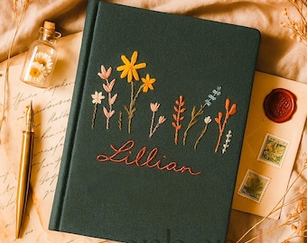 Personalized Daisy Embroidery Notebooks/Journal A5, Floral Designs, Student Notepad Gift, Birth Flower Journal, Fabric Cover Notebook