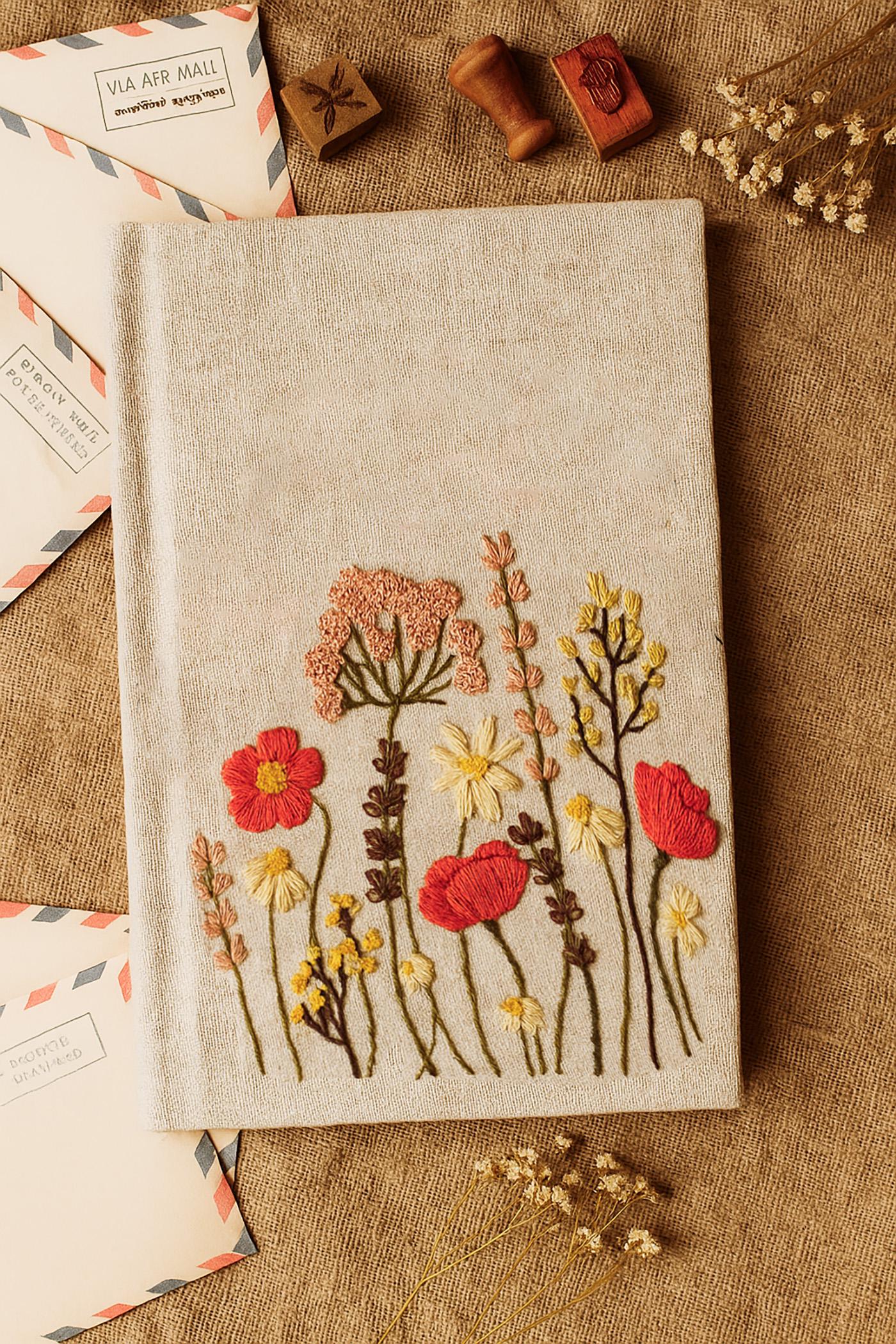 パーソナライズされた花柄刺繍ノート/ジャーナルA5、花柄デザイン