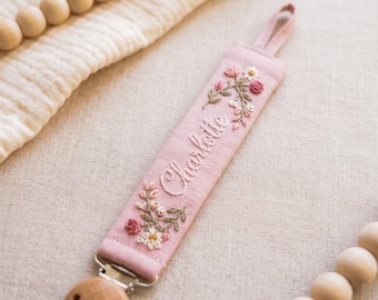 Hand Embroidered Personalized Pacifier Clip, Personalized Fabric Pacifier Clip, Floral Baby Pacifier Holder, Baby Shower Gift, Newborn Gift