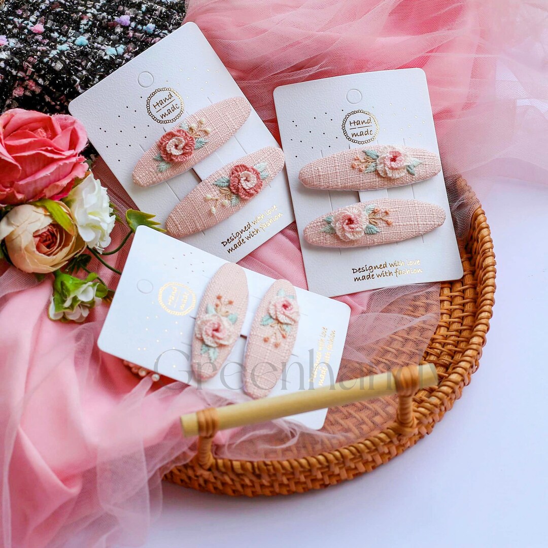 Floral Embroidered Hair Clips, Flower Linen Hair Clips Handmade ...