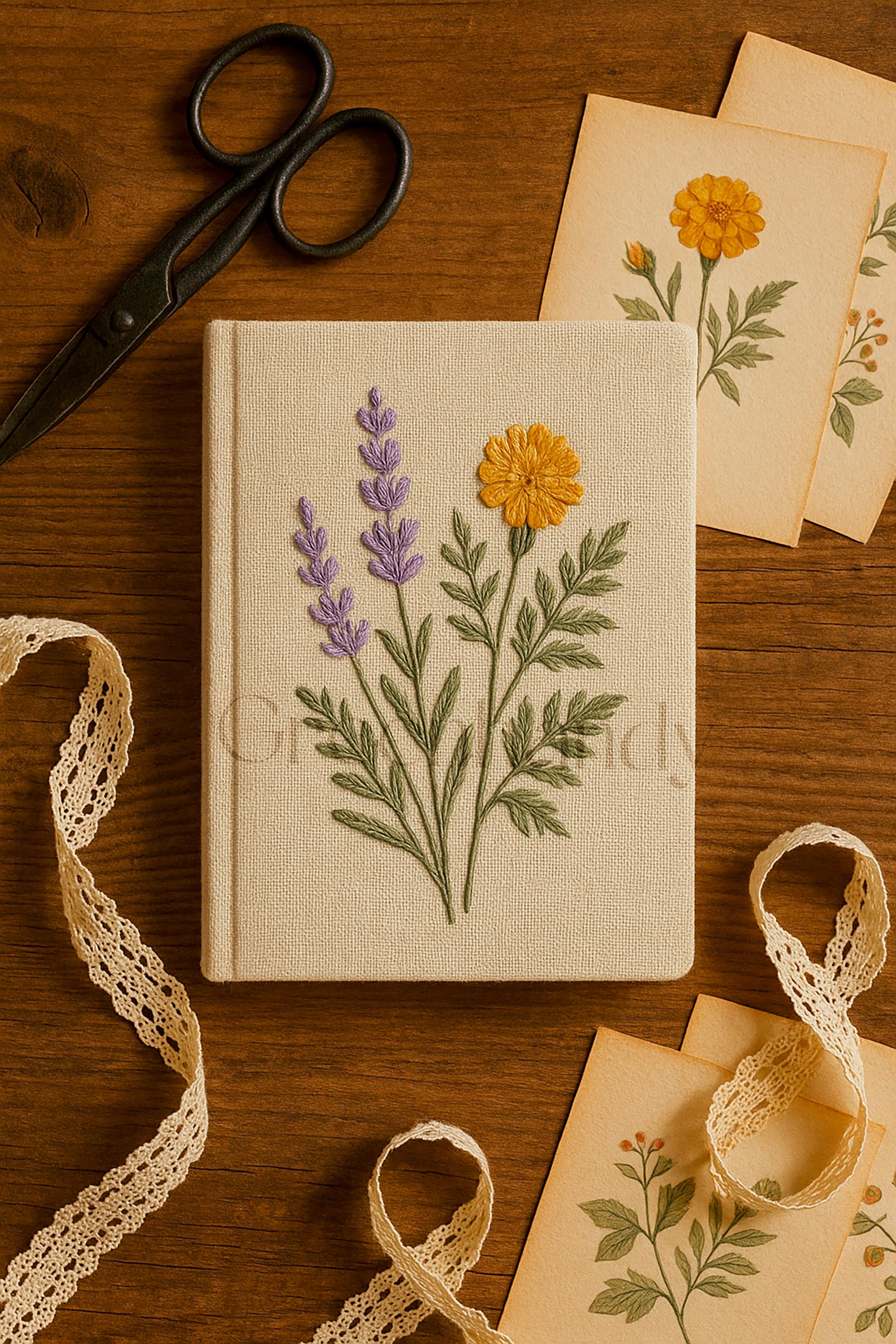 パーソナライズされた花柄刺繍ノート/ジャーナルA5、花柄デザイン