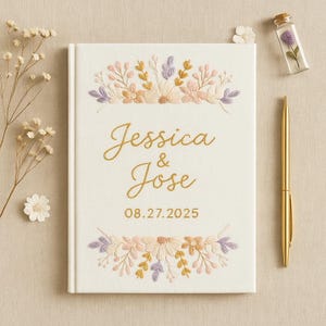 Flowers Embroidery Wedding Guest Book, Floral Handmade Wedding Guest Book Idea, Custom Linen Memory Book, Unique Handmade Wedding Gift