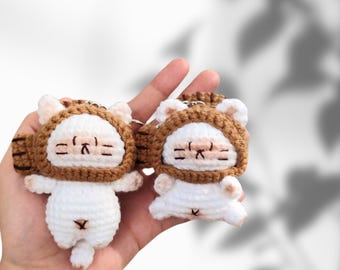 Crochet Cute Cat Keychain, Handmade Mini Crochet Amigurumi Cat With Fish Hat Keychain, Cute Keyring, Crochet Cat, Cute Gift, Cat Fish Hat