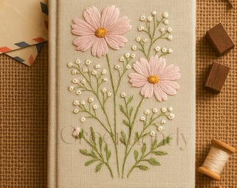 Personalized Floral Embroidery Notebooks/Journal A5, Floral Designs, Student Notepad Gift, Birth Flower Journal, Fabric Cover Notebook