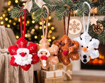 Crochet Christmas Snowflake Ornament, Cute Santa Reindeer Snowman Amigurumi, Kawaii Tree Decor, Holiday Stocking Stuffer Gift