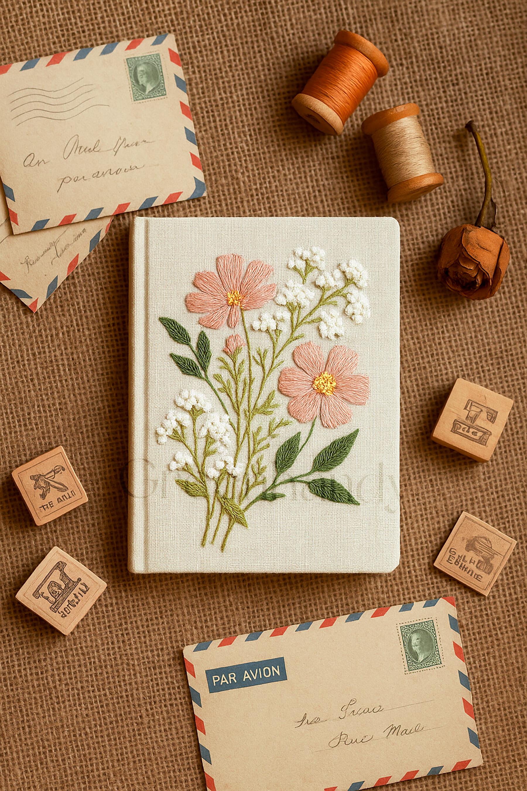 パーソナライズされた花柄刺繍ノート/ジャーナルA5、花柄デザイン