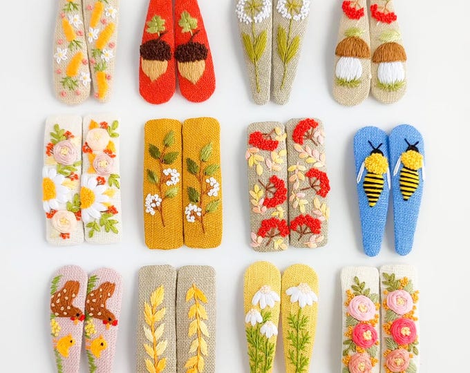 Floral Embroidered Hair Clips, Flower Linen Hair Clips Handmade ...