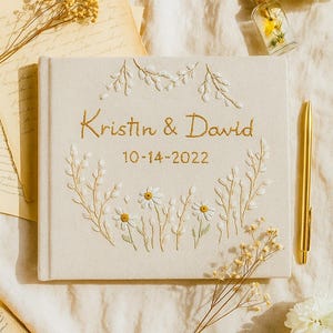 Flowers Embroidery Wedding Guest Book, Floral Handmade Wedding Guest Book Idea, Custom Linen Memory Book, Unique Handmade Wedding Gift