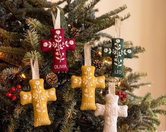 Personalized Fabric Christmas Cross Ornament, Embroidered Christmas Cross Ornament, Custom Name Tree Ornament, Christian Keepsake