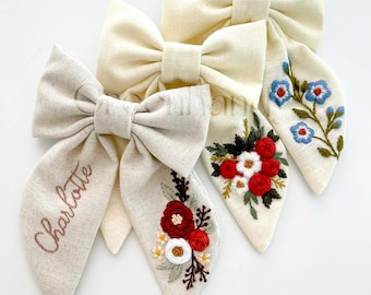 Custom Name Hand Embroidered Baby Bow, Spring Floral Baby Bow, Embroidered Floral Bow, Baby Gift Girl Personalized, Linen Hair Bow For Girls