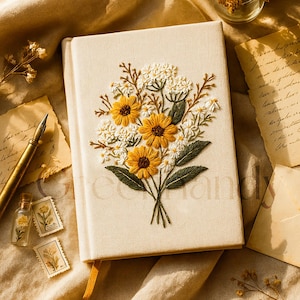Personalized Sunflowers Embroidery Wedding Guestbook, Personalized Wedding Guestbook Ideas, Custom Embroidered Linen Hardbound Scrapbook
