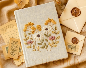 Personalized Flowers Embroidery Notebooks , Floral Handmade Notebook, Vintage Hand Embroidered Notebook, Custom Fabric Cover Notebook A5,
