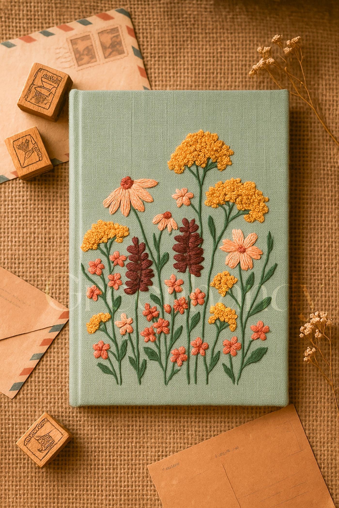 パーソナライズされた花柄刺繍ノート/ジャーナルA5、花柄デザイン