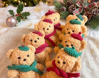 Fluffy Christmas Bear Crochet Plushie, Fluffy Bear Christmas Ornament, Crochet Beret Teddy Bear Plushie, Kawaii Winter Tree Decor