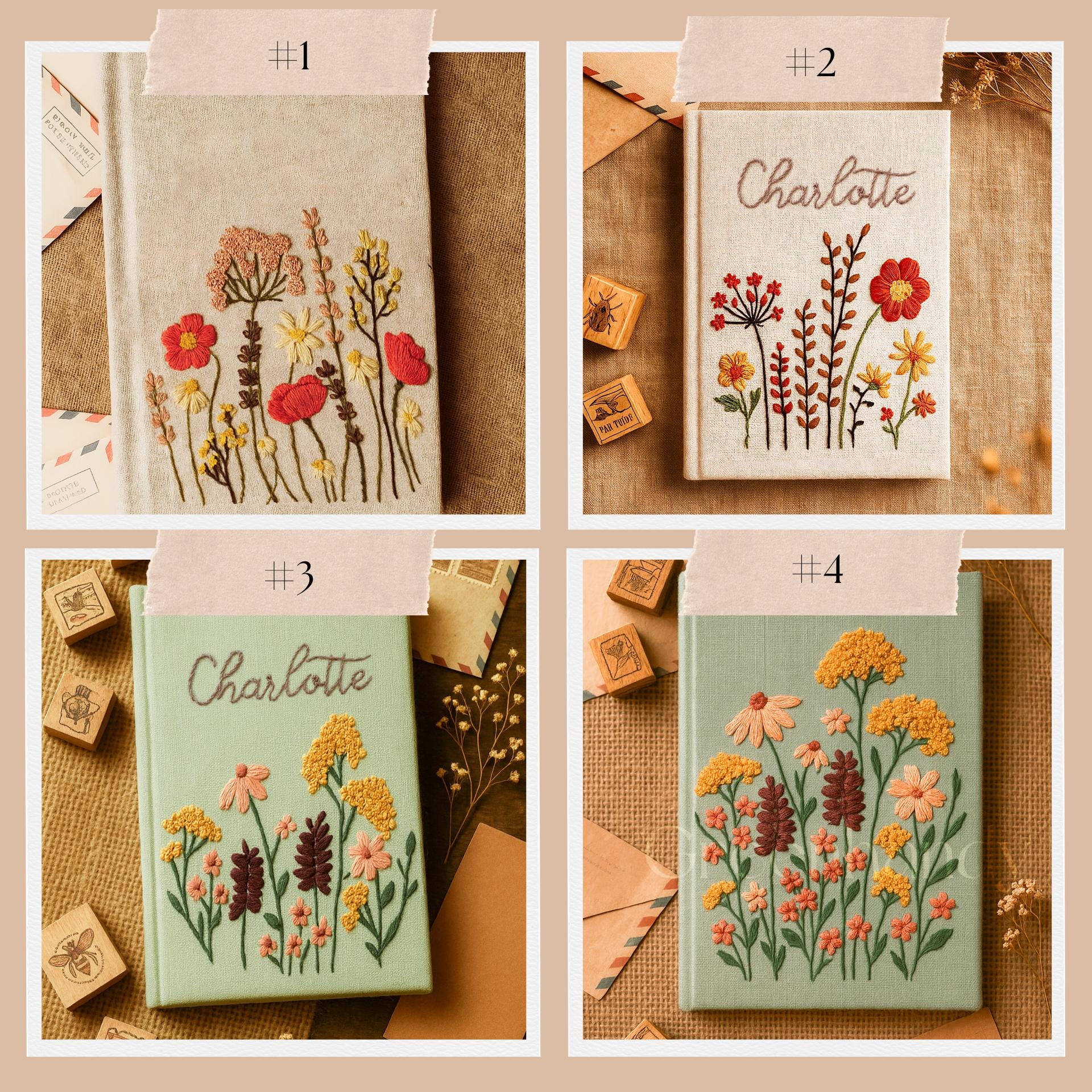 パーソナライズされた花柄刺繍ノート/ジャーナルA5、花柄デザイン