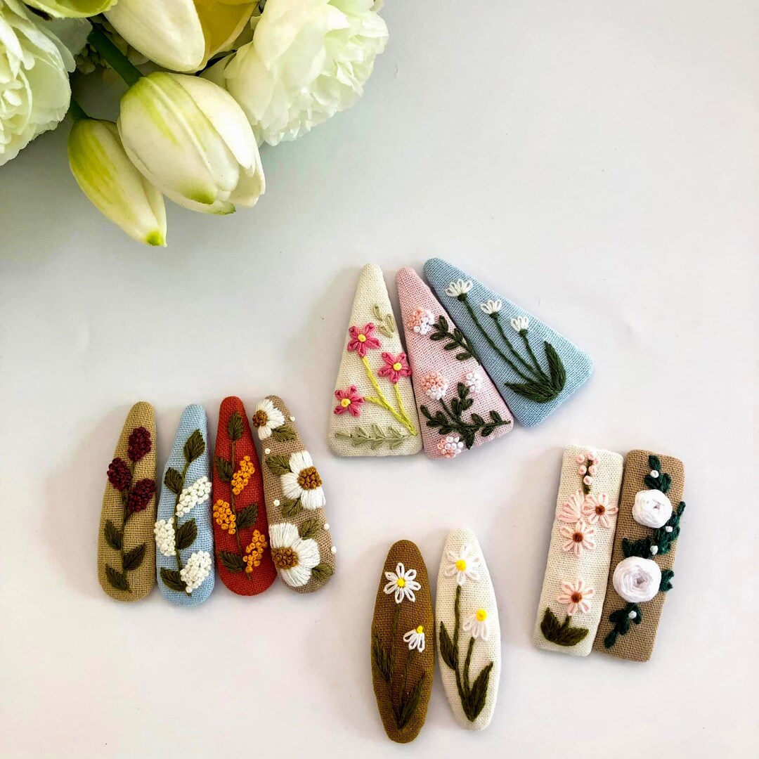 Floral Embroidered Hair Clips, Flower Linen Hair Clips Handmade ...