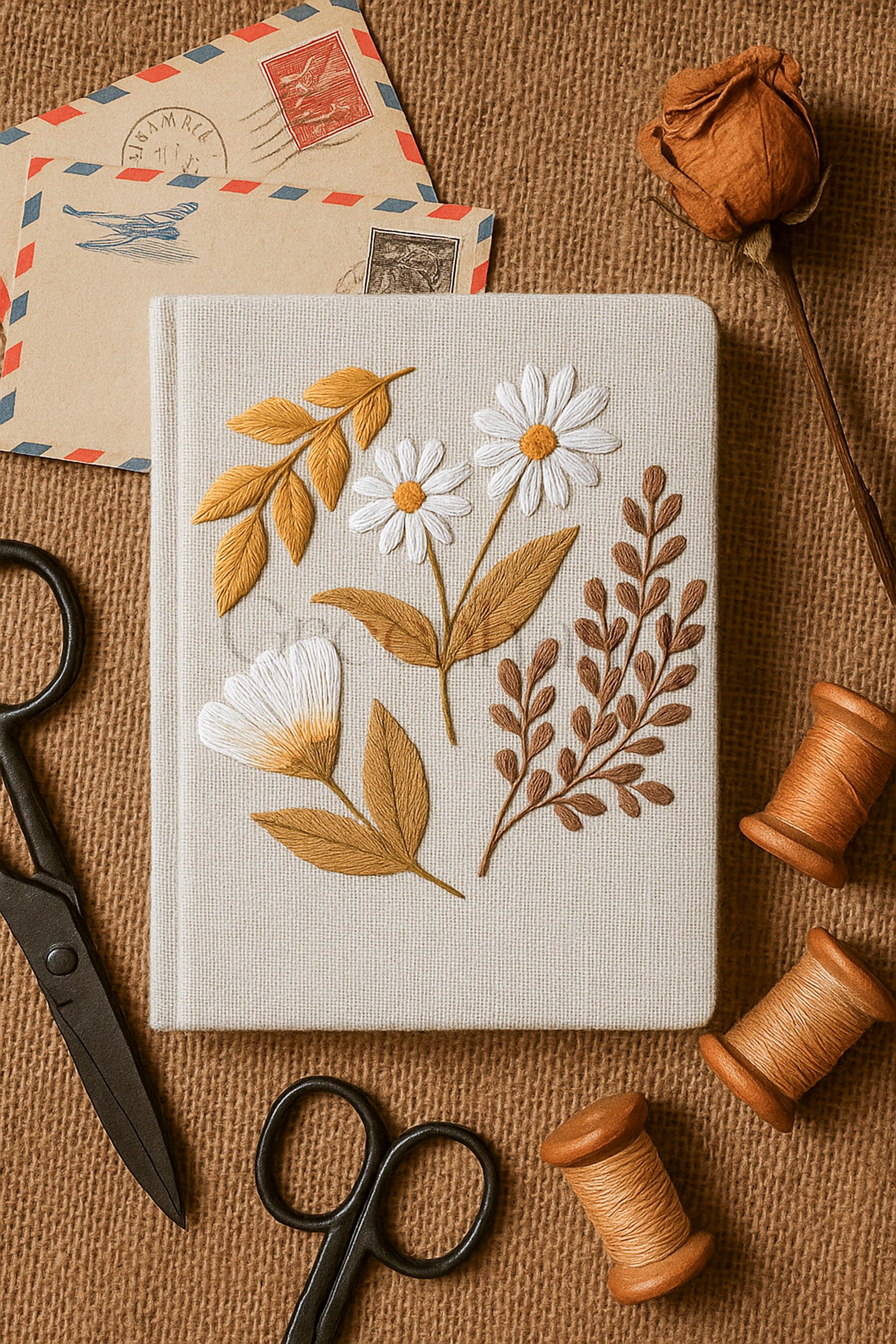 パーソナライズされた花柄刺繍ノート/ジャーナルA5、花柄デザイン