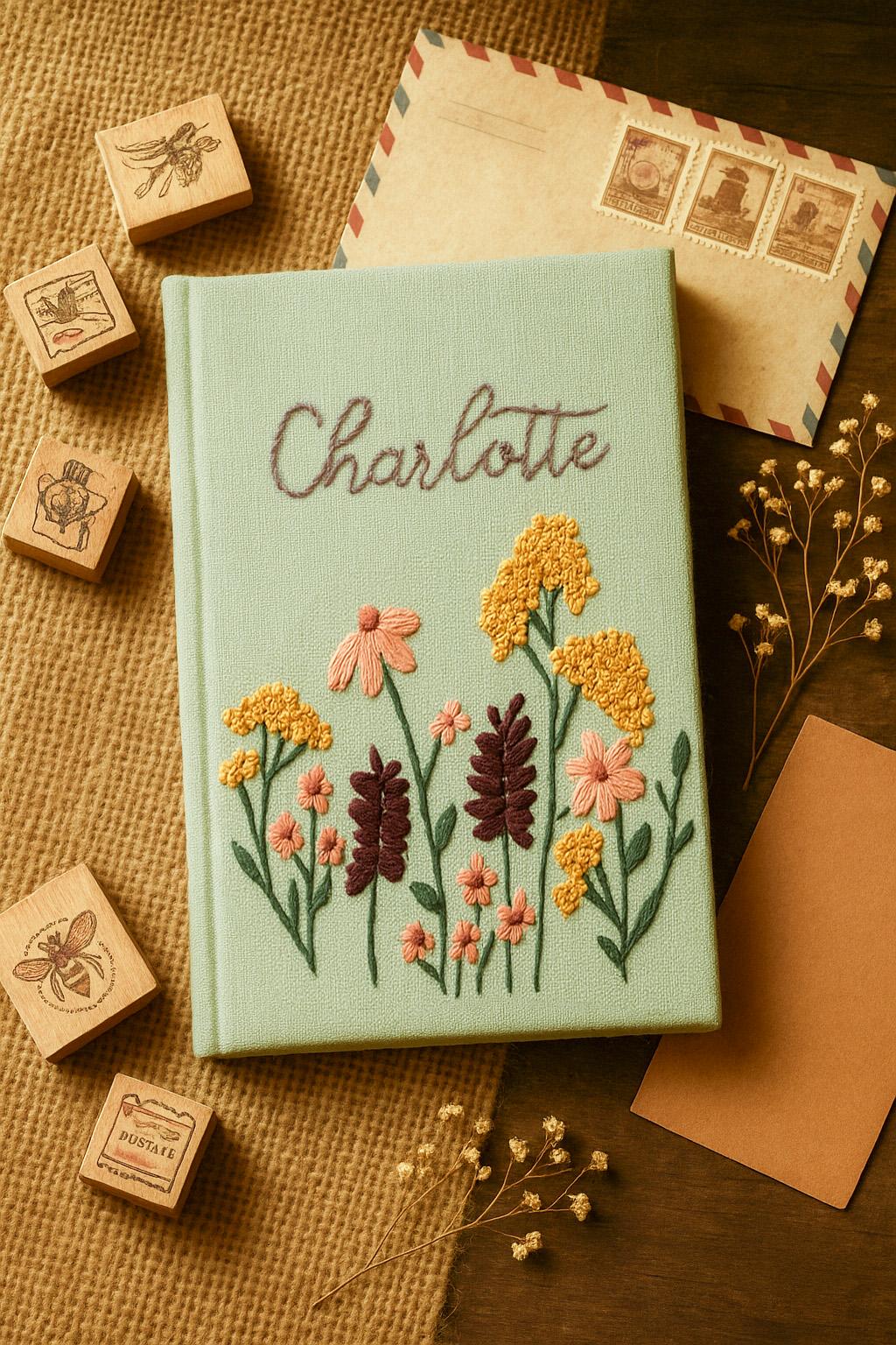 パーソナライズされた花柄刺繍ノート/ジャーナルA5、花柄デザイン