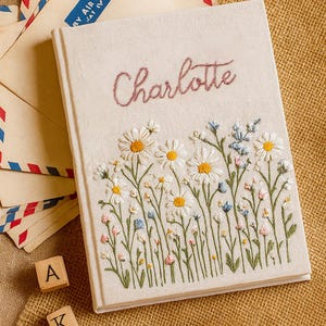 Personalized Daisy Embroidery Notebooks/Journal A5, Floral Designs, Student Notepad Gift, Birth Flower Journal, Fabric Cover Notebook