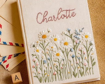 Personalized Daisy Embroidery Notebooks/Journal A5, Floral Designs, Student Notepad Gift, Birth Flower Journal, Fabric Cover Notebook