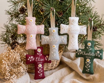 Personalized Fabric Christmas Cross Ornament, Embroidered Christmas Cross Ornament, Custom Name Cross Tree Ornament, Christian Keepsake