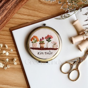 Floral Embroidered Compact Mirror, Custom Name Pocket Mirror, Cute Wedding Bridesmaid Gift, Gift For Her, Birthday Gift