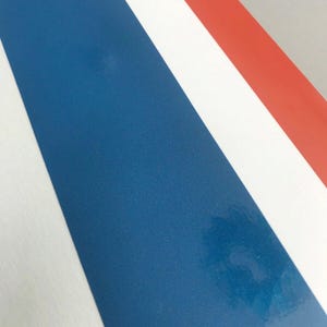 Può includere: Tessuto a righe con tre strisce orizzontali in rosso, bianco e blu. La striscia blu è la più larga e si trova al centro dell'immagine.