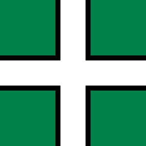 Pode incluir: Uma cruz branca com contorno preto está centrada em um fundo verde. A cruz divide o fundo em quatro quadrados iguais.