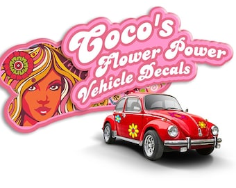 Car Decal Flowers Kit Large Laminated Glossy Stickers  - x9 contoured decals at 43cm & 21cm  - daisy hibiscus wall hippy fun retro