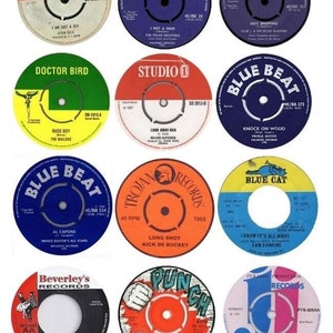 Op de afbeelding: Een verzameling van 14 vintage vinylplaten met verschillende artiesten en songtitels. De platen zijn in verschillende kleuren, waaronder blauw, rood, geel en groen. De platen zijn allemaal 45 RPM en bevatten een verscheidenheid aan muziekstijlen, waaronder reggae, ska en rock.