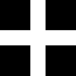 May include: A black and white flag with a white cross in the center. The cross divides the flag into four equal squares.