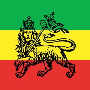 Könnte beinhalten: Eine Schwarzweißillustration eines Löwen mit einer Krone auf dem Kopf, der einen Speer hält. Der Löwe steht auf einem grün-gelb-roten Hintergrund. Die Farben sind symbolisch für die Rastafari-Bewegung.