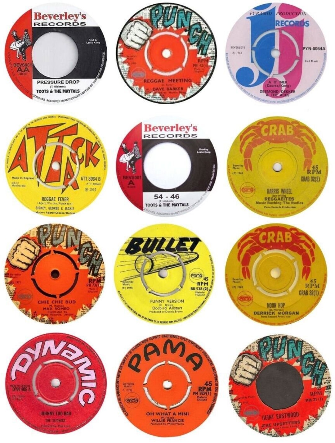 Stickers Vinyl Reggae Records 12x85mm Bullet Punch Pama Crab Retro