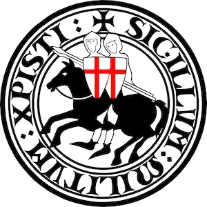 May include: Black and white seal with the text "Sigillum Regis Sicilie" around the edge. In the center is a black horse with two knights in white armor holding a red shield with a white cross.