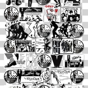 Könnte beinhalten: Eine Sammlung von schwarz-weißen Ska-Musik-Aufklebern mit Bandlogos, Albumcovern und ikonischen Bildern. Enthält die Wörter "The Specials", "2 Tone" und "Ska".