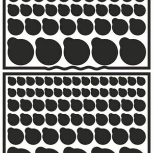 May include: A sheet of black, round stickers in various sizes. The stickers are arranged in rows and columns on a white background. The sheet measures 210mm x 150mm.
