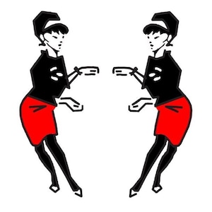 Puede incluir: Dos dibujos en blanco y negro de personas con faldas rojas y blusas negras, que se miran con los brazos extendidos.