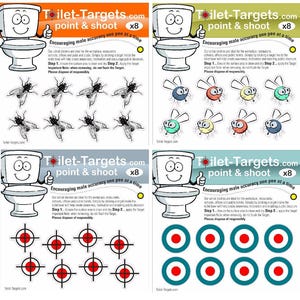 Puede incluir: Un conjunto de ocho pegatinas de objetivo de inodoro con un inodoro de dibujos animados con una cara sonriente y el texto "Toilet-Targets.com point & shoot x8 Encouraging male accuracy one pee at a time". Las pegatinas están diseñadas para ayudar a mejorar la puntería y fomentar la etiqueta del baño.