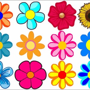 以下が含まれることがあります： グリッド状に配置された12種類の花のイラスト集。オレンジ色の花に青い中心のもの、水色の花、赤い花、ひまわりなど、ピンク、黄色、青の色合いで太い輪郭線を持つ様々なカラフルな花のモチーフが描かれています。