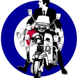 May include: A black and white illustration of a person riding a scooter with a red, white, and blue target behind them. The scooter has a white body with black accents and the text "KRUZI" on the back.