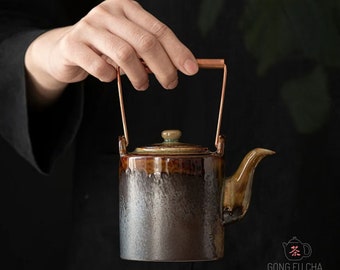 Teapot wood fire like 380 ml with Copper handle- Teapot for Gong Fu Cha from Jingdezhen - Vintage look handmade teaware