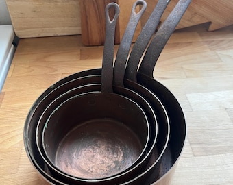 Vintage French Copper Pan Set – 4 Piece Copper Cookware | Rustic Kitchen Décor, French Country, Retinning Project