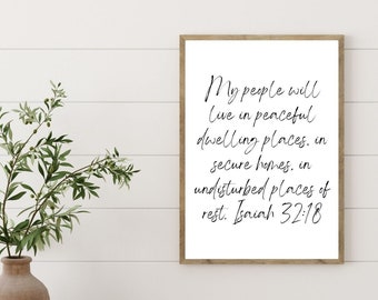 Isaiah 32:18 | INSTANT DOWNLOAD | Peaceful Dwelling Places | Home Wall Decor | Bible Verse | Scripture Promises | Living Room | Script Font