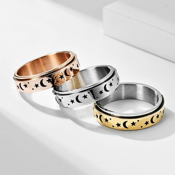 Spinner Ring Moon & Stars, Rotating Fidget Ring, Spin Meditation Ring, Thumb Spinning Ring, Worry Ring For Women and Men, Gift Anxiety Rings