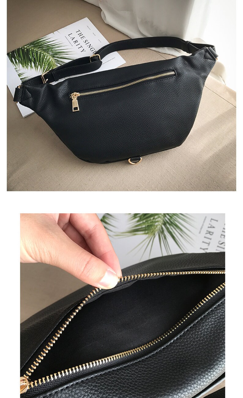 Big Black Leather Bum Bag for Women, Black Leather Belly Bag