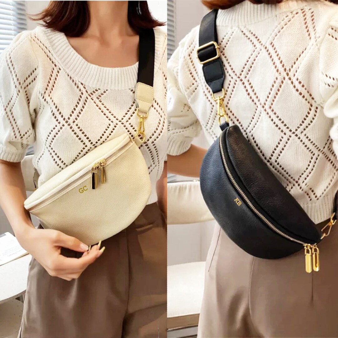 Leather Bum Bag for Women, Crossbody Bag, Fanny Pack Personalised Initials Embossed Black Beige