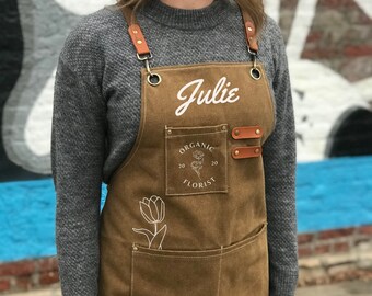 Individuelle Florist Schürze mit Tasche Logo Schürze für Florist Geschenkidee für Gärtner Schürze Logo Gartenarbeit Geschenk für Frauen Schürze für Gartenarbeit Schürze