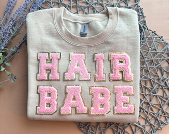 Hair Babe Shirt Hairstylist Sweatshirt for Hairstylist Gift Chenille Letter Shirt for Hairdresser Gift for Hairstylist Pullover Sweatshirt