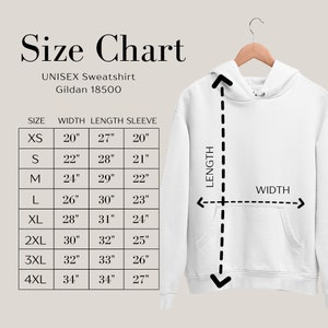 May include: Size chart for a unisex sweatshirt, showing measurements in inches for width, length, and sleeve length for sizes XS to 4XL. The chart is labeled "Unisex Sweatshirt Gildan 18500".